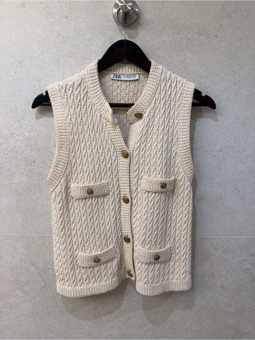 Zara Cream Textured Knit Vest with Gold Button
